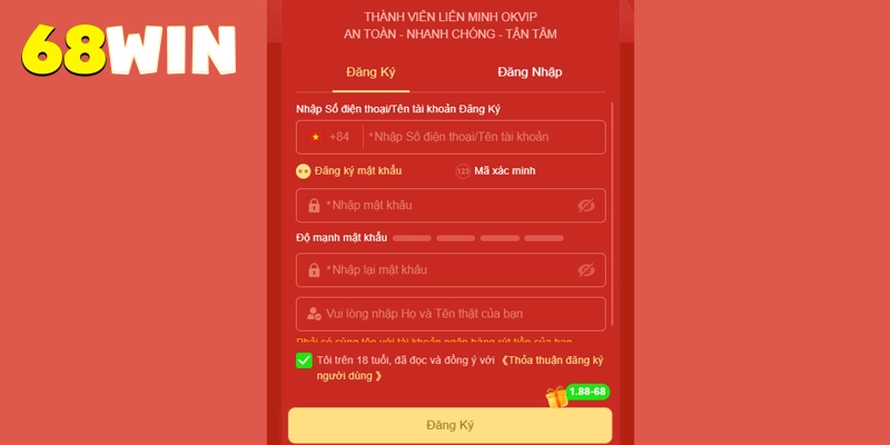 3 bước đăng ký 68win bằng mật khẩu