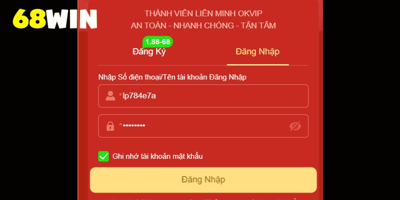Sau khi đăng ký thành công hãy đăng nhập vào 68win